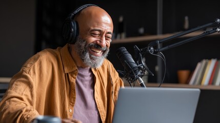 Happy hispanic man wearing headphones recording podcast in modern home studio, talking with audience while using tablet and laptop, with professional microphones creating lively audio interaction
