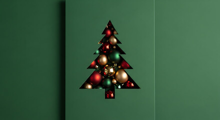 Green festive card features a pine tree cutout filled with red gold and green baubles creating a mod 96082784 1