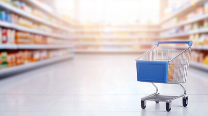Empty shopping cart in aisle of supermarket with blurred shelves, representing retail, consumer choice, and grocery shopping experience