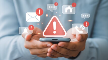Smartphone with multiple alert icons and notifications, online data warning and mobile app security breach alert concept with red triangle warning