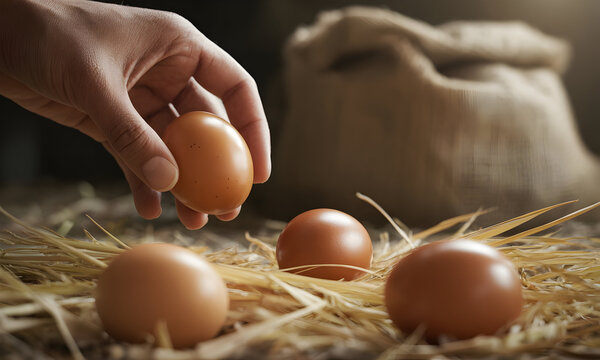 Fresh brown eggs with hand picking one up from straw bedding on farm setting - Powered by Adobe