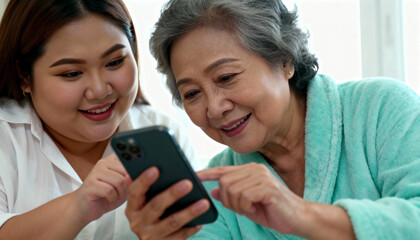A young Asian woman teaches her elderly mother how to use a smartphone. Intergenerational family bonding and technology education