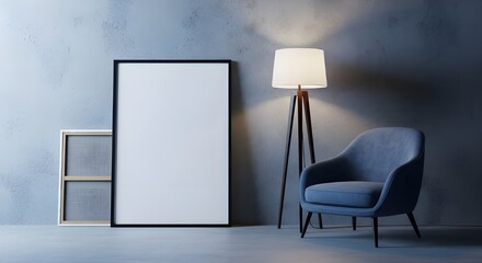 Modern interior with blank poster frame armchair and floor lamp against a textured gray wall for mockup