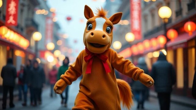 Video A person dressed as a horse walks down a busy city street, great for Halloween or cosplay events