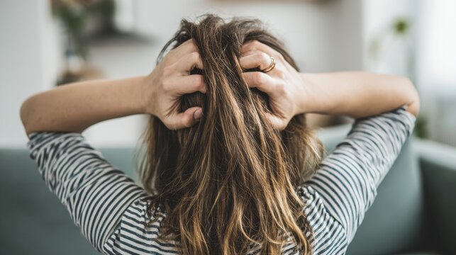 Stressed woman holding head with both hands sitting on couch in bright room, expressing frustration, anxiety, tension, overwhelmed emotions, mental strain, fatigue, and personal stress concept