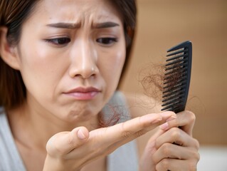 Concerned Woman Examining Hair Loss on Comb