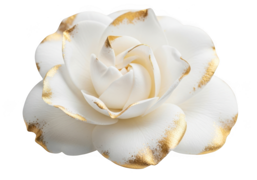 Delicate white rose with golden edges isolated on white background