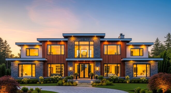 Modern luxury home exterior at dusk with illuminated windows and landscaping - Powered by Adobe