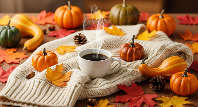 Warm autumn composition featuring a cup of coffee on a sweater surrounded by leaves and small pumpki 33518763 1
