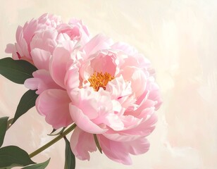 Fototapeta premium Two light pink peonies with yellow centers softly unfurl against a creamy, painterly background
