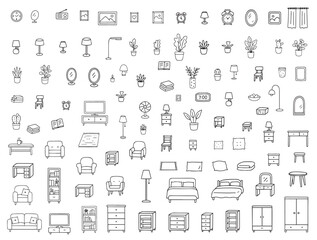 Collection of hand-drawn vectors featuring various home furniture and decor items. Includes plants, clocks, chairs, and lamps. Perfect for design projects and home-themed layouts.