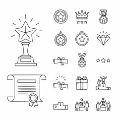 Achievement and Award Outline Icon Set: Collection of vector line-art symbols including trophy, star, medal, crown, certificate, podium, and diamond for success and recognition.