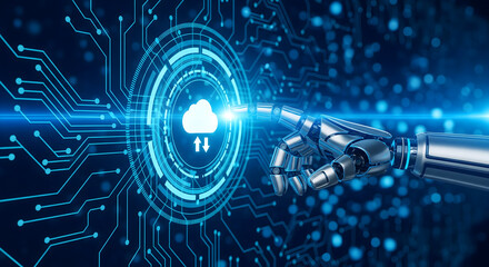 Robotic arm touching cloud computing interface with digital data transfer graphic