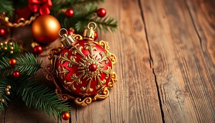 Ornate gold & red Christmas decoration set on rustic wood, bright, christmas tree
