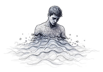 Sketch of a man emerging from chaotic water waves