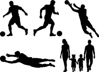 Silhouettes of soccer players and a family walking together in black and white