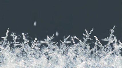 Delicate snowflake crystals forming a frosty winter landscape, with tiny particles falling and freezing instantly on a dark background - Powered by Adobe