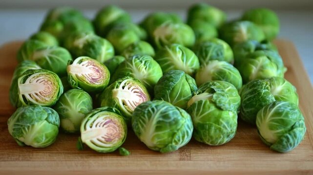 Video Freshly cut brussels sprouts on a wooden cutting board, ready for cooking or serving - Powered by Adobe