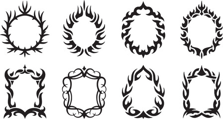 Wreath and decorative shape icon set. Vector glyph pictograms of floral ring, award wreath, leaf design, ornamental pattern, celebration symbol, elegant frame black silhouette