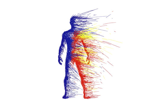 Stylized human silhouette dissolving into red yellow and blue scribbles