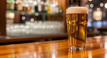 Refreshing pint of lager beer on a wooden bar top in a pub or restaurant setting with blurred background