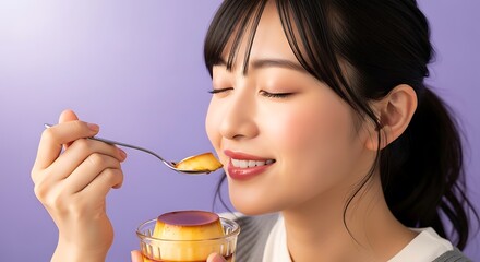 a young woman with dark hair is enjoying a creamy caramel flan dessert with a delightful expression on her face against a purple background high quality