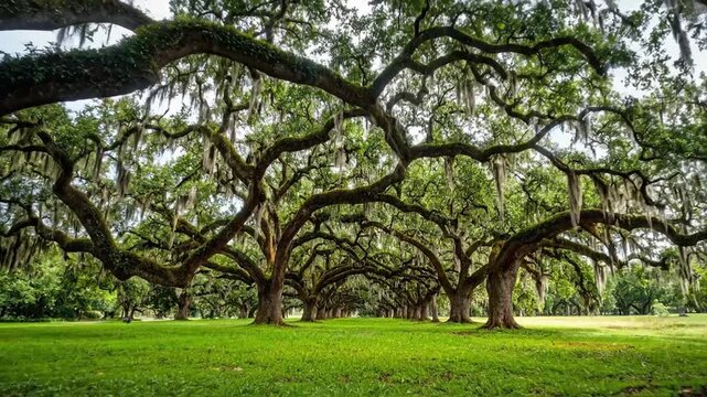 Majestic Oak Trees Canopy Over Lush Green Meadow