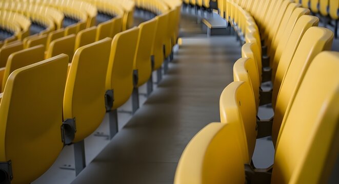 Rows of empty yellow seats in an auditorium or stadium creating a pattern and sense of anticipation and waiting