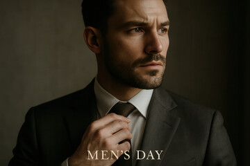 Confident male in suit adjusting tie for men's day celebration