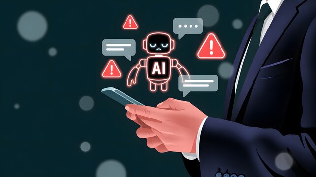 AI chatbot with red warning signs on businessman’s smartphone, artificial intelligence risk, data privacy alert and cybersecurity concept background