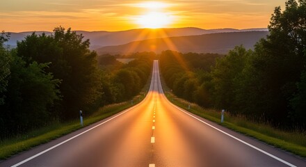 Scenic highway leading to a mountain range bathed in the warm light of a vibrant sunset or sunrise