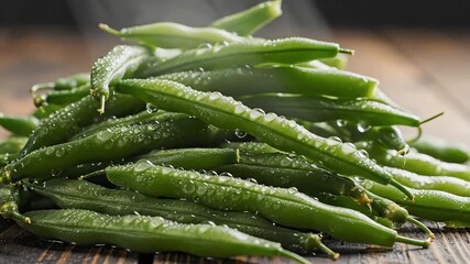 Fresh Green Beans Pile A Vibrant Display of Healthy Organic Produce on Rustic Wood Showcasing Natural Texture and Dewy Freshness for Culinary and Wellness Concepts.