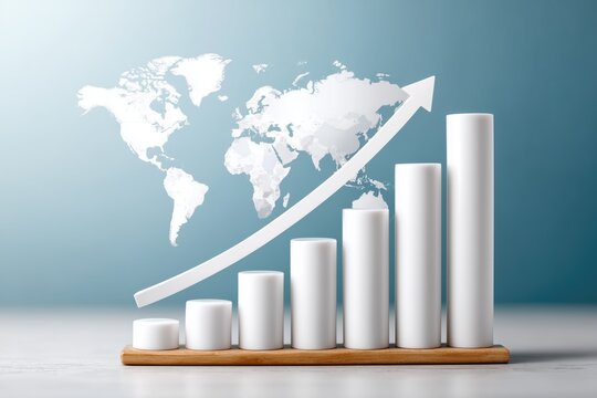 Rising bar chart with arrow and world map – global business growth and finance analytics concept
