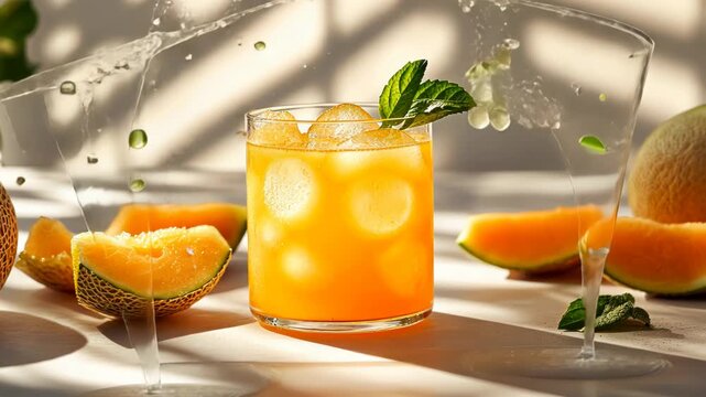 An orange-colored drink in a clear glass with ice cubes, melon slices, water, and fresh mint leaves
