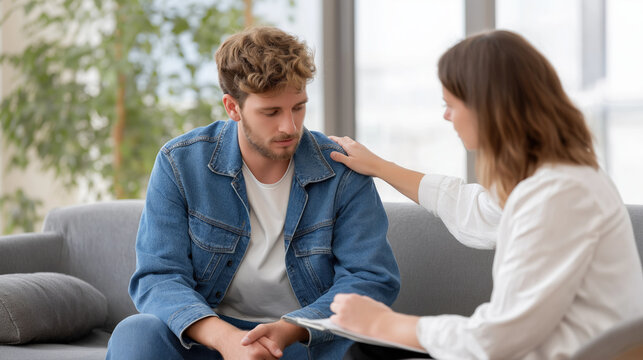 Counselor talks to young man in cozy office environment during therapy session with support
