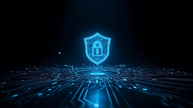 Digital shield and lock symbol over circuit board