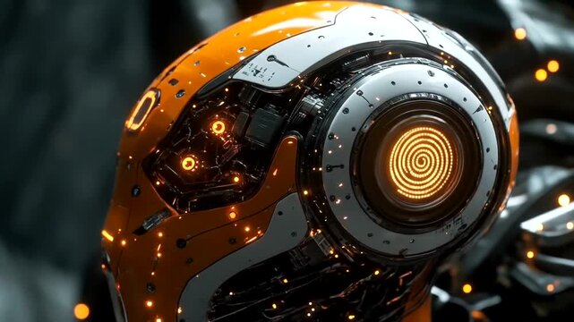 Futuristic robot head with glowing spiral eye