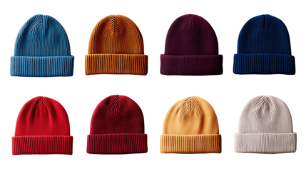 Collection of colorful knitted beanie hats on transparent background, concept of winter fashion and warmth