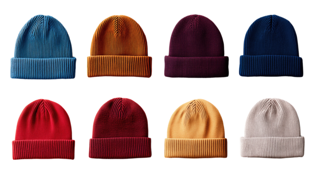 Collection of colorful knitted beanie hats on transparent background, concept of winter fashion and warmth