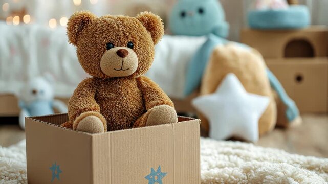 A plush brown teddy bear sits in a cardboard box surrounded by other soft toys and objects