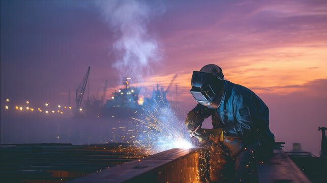 Welder working at shipyard with protective gear during sunset, sparks flying from metalwork