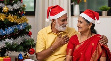 Happy Indian Senior Couple Celebrating Christmas Joyfully Together