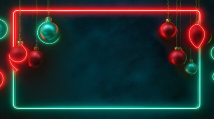 Neon modern Christmas concept with glowing red and green lights, futuristic ornaments, blank area 