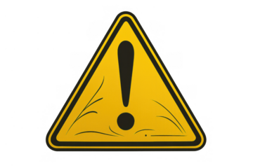 Yellow triangle warning sign with black exclamation mark alerting to danger, caution, and hazard on transparent background