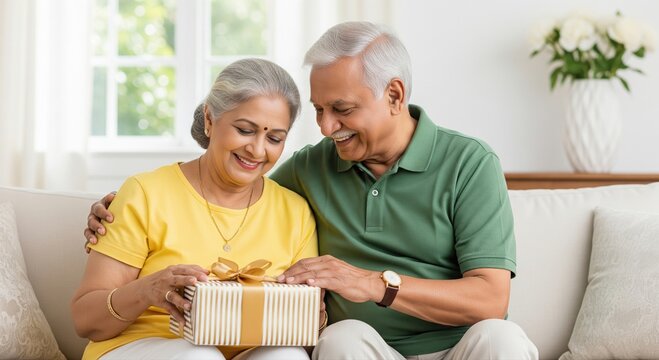 Happy Indian senior couple opening a thoughtful gift together - Powered by Adobe