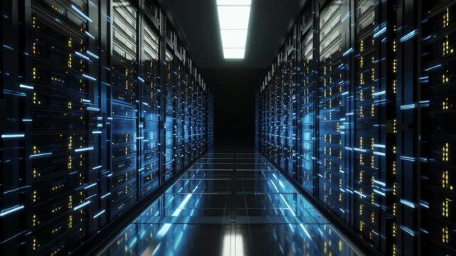 Futuristic data center aisle with illuminated server racks, advanced network hardware, digital storage infrastructure, modern technology environment showcasing high performance computing systems