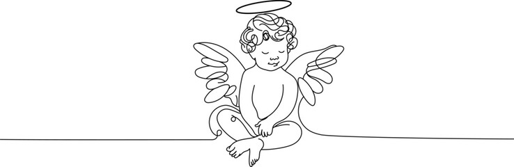 Minimalist monoline illustration of a cute angel child with a halo and wings. Perfect for Christmas cards, birthday designs, religious themes, invitations, and decorative prints.