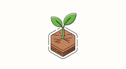 A green seedling grows out of a brown soil block with two leaves, outlined in white on a plain background.