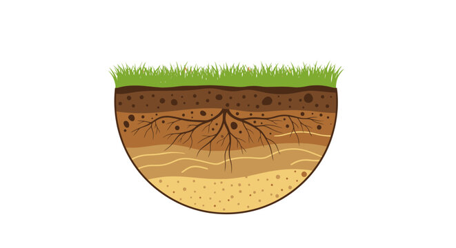 An illustration of a cross-section of soil layers with roots and grass on top against a white background.