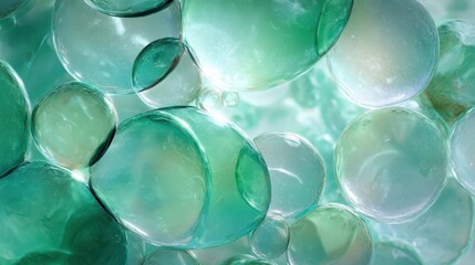 Abstract background of overlapping mint and emerald bubbles with glossy surfaces